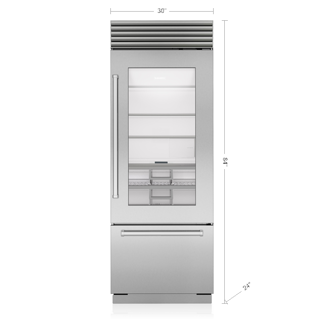 30" SubZero Tubular Handle Left Hinge Classic Over-and-Under Refrigerator With Glass Door - CL3050UG/S/T/L