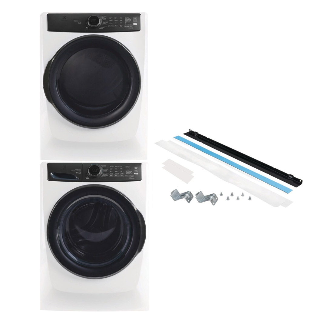 27" Electrolux 5.2 Cu. Ft. Front Load Washer 8.0 Cu. Ft. Gas Dryer and Stacking Kit - STACKIT7X-ELFW7738AW-ELFG7738AW