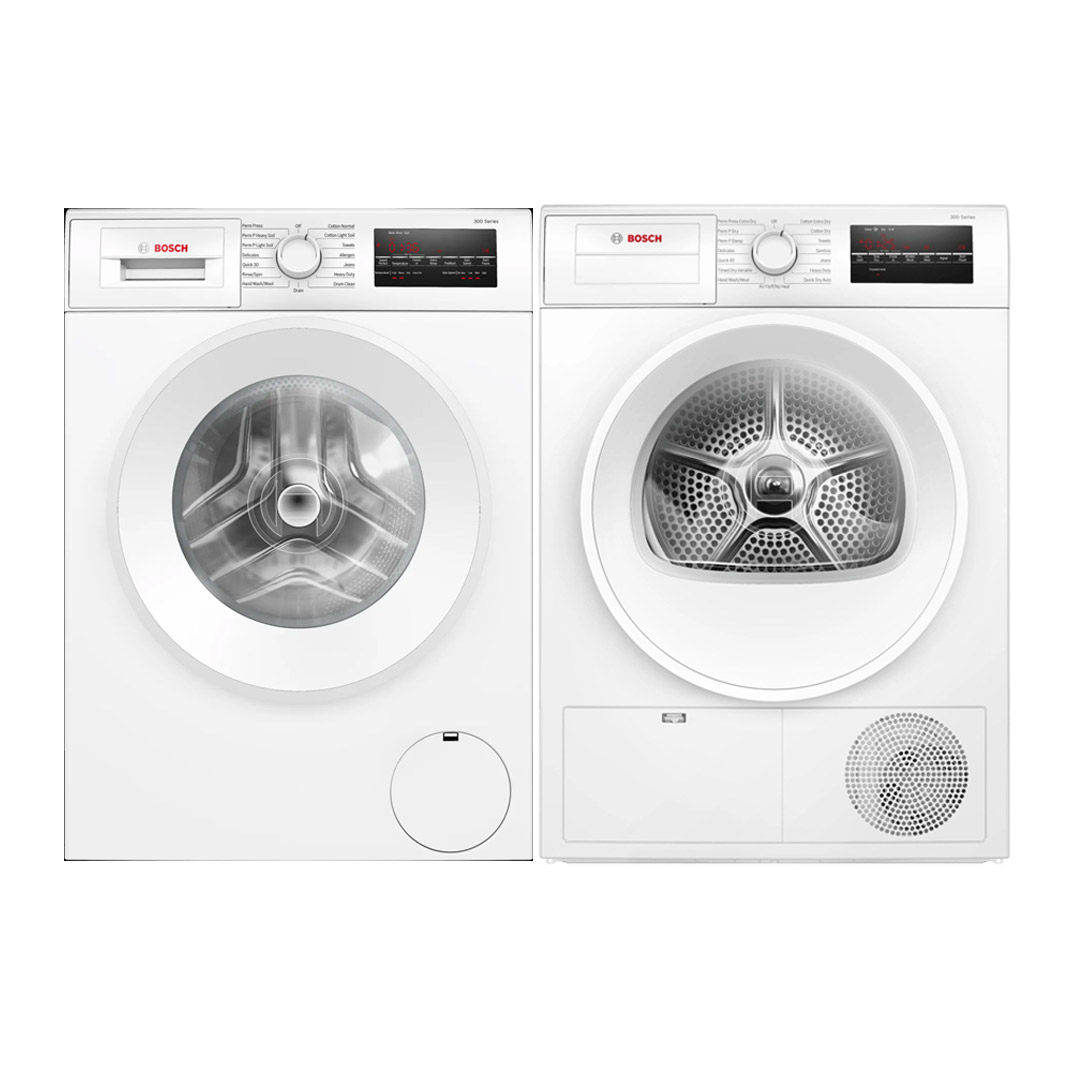 24" Bosch 300 Series Compact Front Load Washer and 300 Series Dryer - WGA14400UC-WPA12100UC