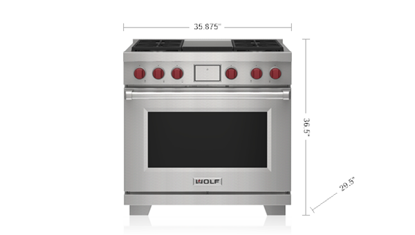 36" Wolf 6.3 Cu. Ft. Dual Fuel Range with 4 Burners and Infrared Griddle - DF36450G/S/P/LP