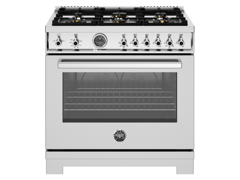 36" Bertazzoni Liquide Propane Range with 6 Brass Burners and Cast Iron Griddle in Stainless Steel - PRO366BCFGMXTLP