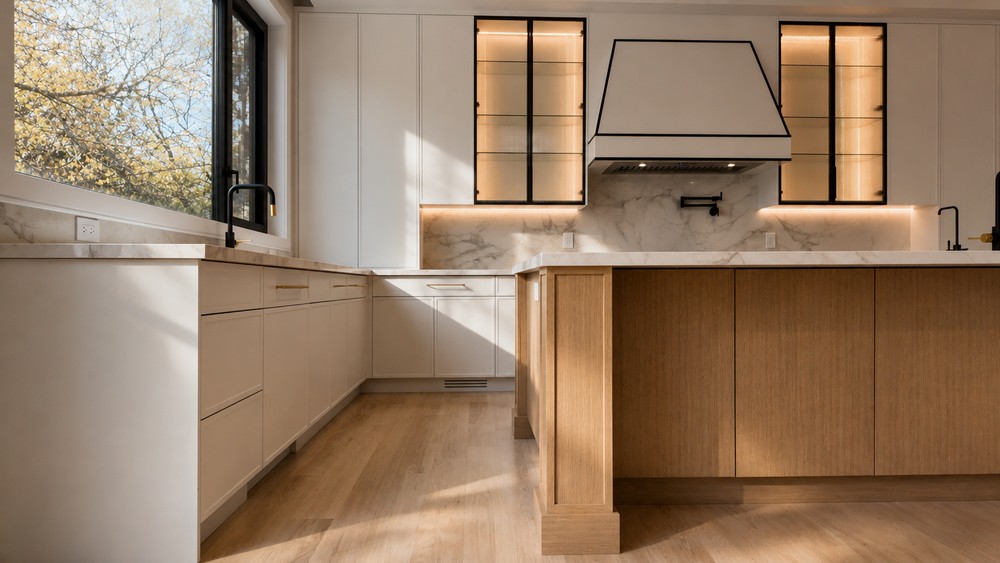Soft white cabinetry with illuminated fluted glass uppers