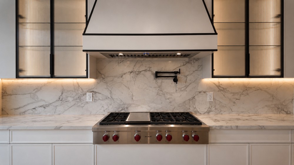 Wolf gas rangetop with marble backsplash and Elica hood