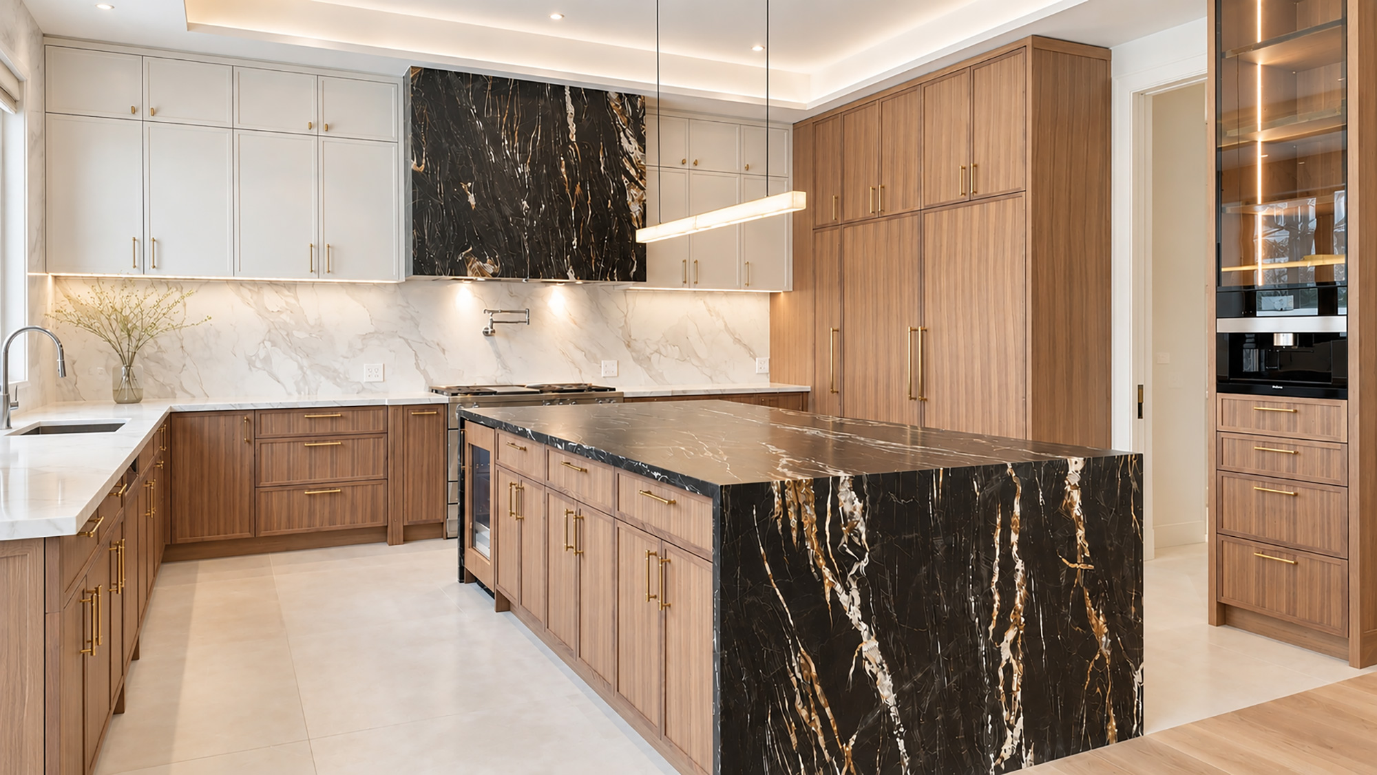 Contemporary luxury kitchen with walnut cabinetry and black stone island