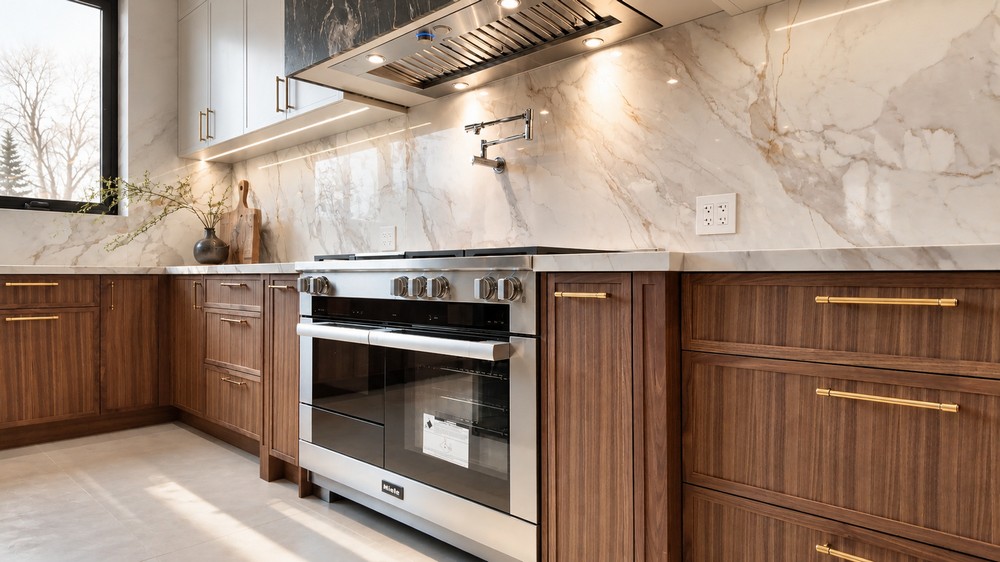 Miele freestanding gas range beneath an Elica ventilation hood