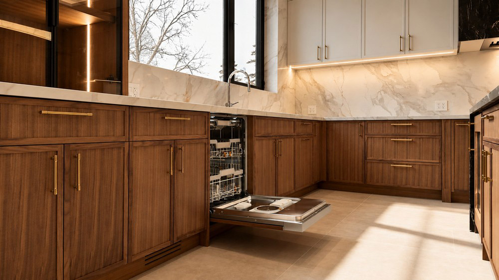 Panel-ready dishwasher shown open beside the marble countertop