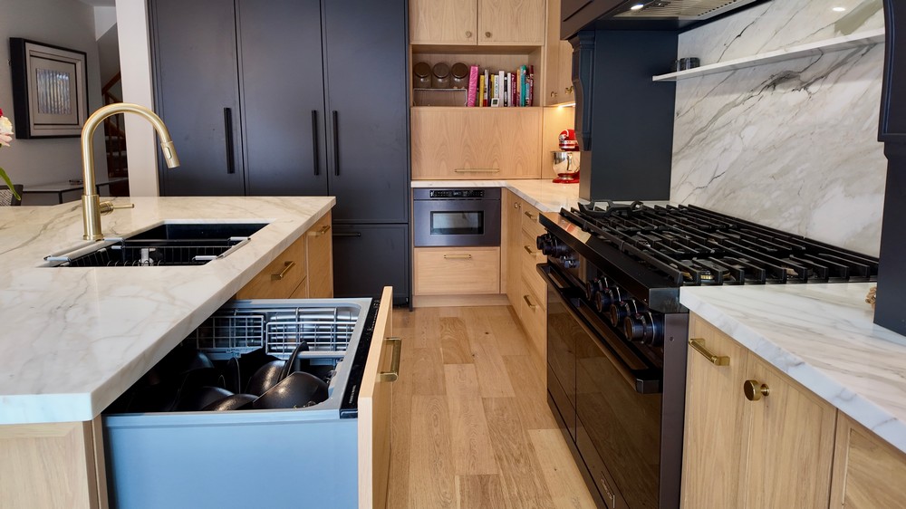 Fisher & Paykel Double DishDrawer dishwasher open beside the island sink