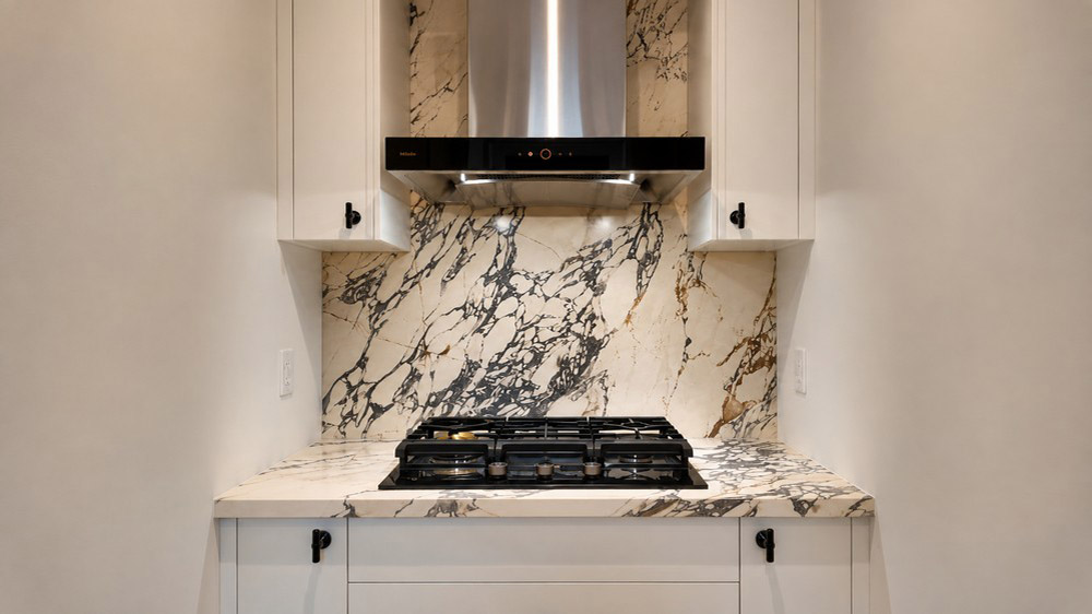 Secondary kitchen cooking wall with chimney hood and veined marble slab